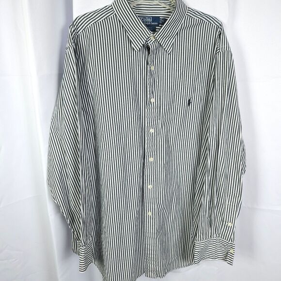 VTG Polo Ralph Lauren Mens 18 34/35 Blue Gray Striped Andrew Classic Dress Shirt - Picture 1 of 7